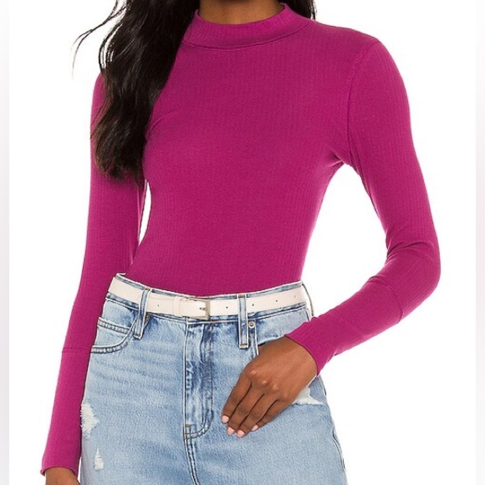 Free People Rickie Ribbed Mock-neck Long Sleeve in Fuchsia 'Genie' color, Large